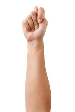 Beyaz arka planda izole edilmiş Asyalı erkek el hareketleri. Beş parmağınla kavra. cinsel işaret.