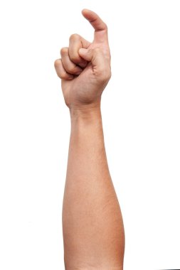 Beyaz arka planda izole edilmiş Asyalı erkek el hareketleri. Görsel Dokunuş Eylemi. Kanca Pozu.