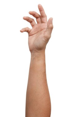 Beyaz arka planda izole edilmiş Asyalı erkek el hareketleri. Yumuşak Tutma Hareketi. Dokunma Eylemi.