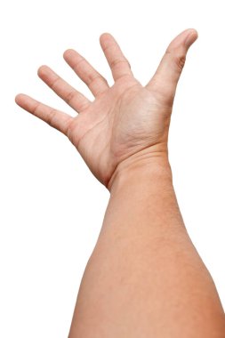 Beyaz arka planda izole edilmiş Asyalı erkek el hareketleri. Yumuşak Tutma Hareketi. Dokunma Eylemi.