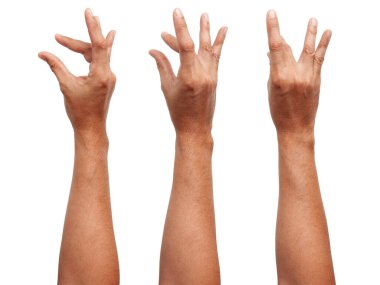 Beyaz arka planda izole edilmiş Asyalı Erkek el hareketleri. Yumuşak Tutma Hareketi. Dokunma eylemi. Küçük şeye dokun..