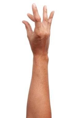 Beyaz arka planda izole edilmiş Asyalı erkek el hareketleri. Yumuşak Tutma Hareketi. Dokunma eylemi. Küçük şeye dokun..