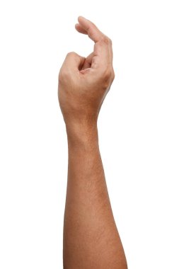 Beyaz arka planda izole edilmiş Asyalı erkek el hareketleri. Yumuşak Tutma Hareketi. Dokunma eylemi. Küçük şeye dokun..