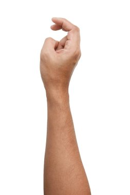 Beyaz arka planda izole edilmiş Asyalı erkek el hareketleri. Yumuşak Tutma Hareketi. Dokunma eylemi. Küçük şeye dokun..