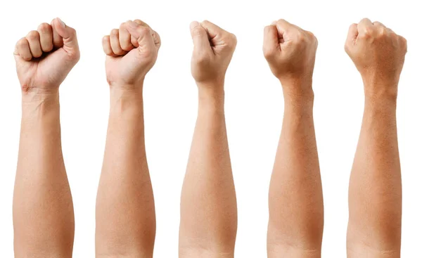 Beyaz arka planda izole edilmiş Asyalı erkek el hareketleri. Beş parmağınla kavra. Yumruk.