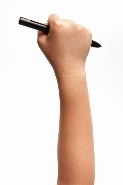 Mão Segurando Caneta Escrever Mão Menino Mão Segurar Caneta Preta — Fotografia de Stock