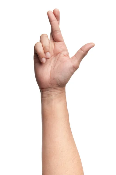 白い背景の上に孤立した男性アジア人の手のジェスチャー 二本の指と十字架指の動作 — ストック写真