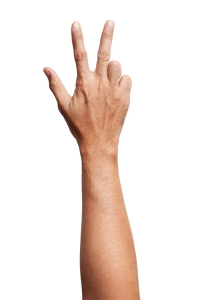 Мужские Азиатские Жесты Руки Изолированы Белом Фоне Действие Два Пальца — стоковое фото