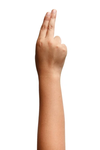 Chłopiec Azjatyckie Gesty Ręki Izolowane Białym Tle Dwa Palce Znak — Zdjęcie stockowe