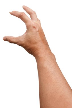 Beyaz arka planda izole edilmiş Asyalı erkek el hareketleri. Yumuşak Tutma Hareketi. Dokunma eylemi. Küçük şeye dokun..