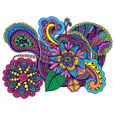 Beyaz arka plan üzerinde renkli çiçek zentangle el çekilmiş