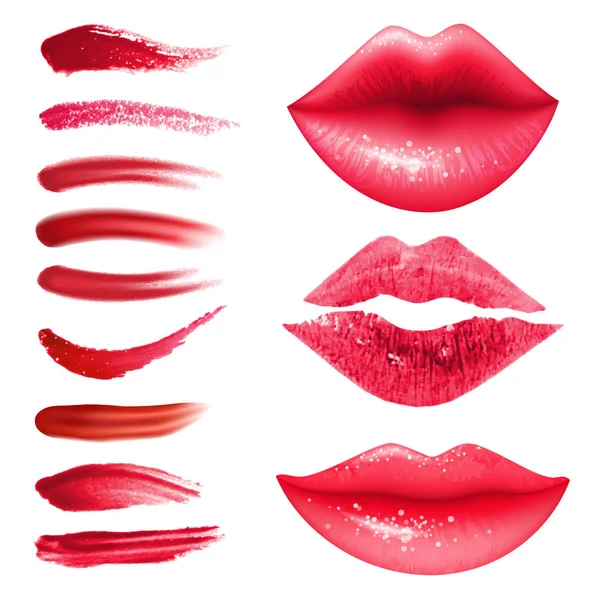 Realistische Lippenstiftabstriche und Lippenvektorset — Stockvektor
