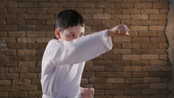 Un karateka de siete años con puños fuertes entrena golpes directos en el estudio — Vídeo de stock