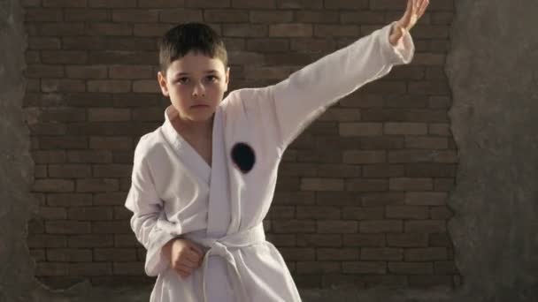 A Chopping hand strike is trained by a seven year old karateka in studio — Stock Video