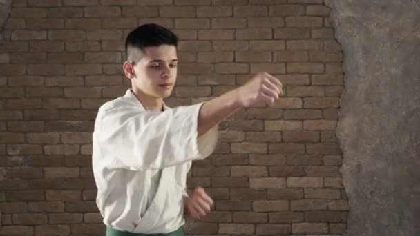 Un coraggioso karateka pratica arti marziali orientali in studio — Video Stock