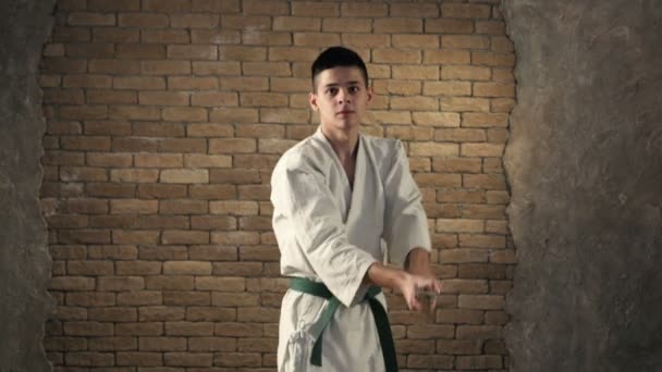 Un jeune karatéka livre une grève de coupe oblique avec son katana en studio — Video