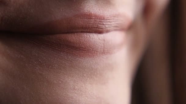 De close-up shot van jong meisje lippen, die glimlacht en schildert ze met roze lippenstift — Stockvideo