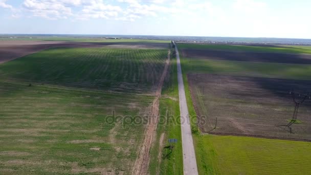 Foto aérea de una carretera y un camino que recorre unos finos campos fértiles — Vídeo de stock