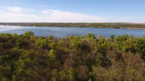Légi felvétel a Dnipro riverbank borított sűrű erdő és a szép skyscape 