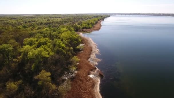 Luchtfoto van de Dnipro rivier kustlijn met groen bos vlekken op het — Stockvideo