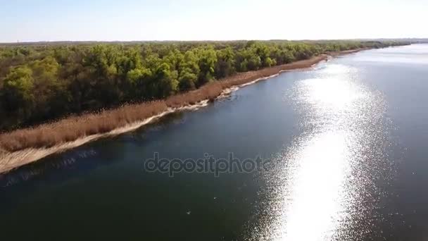 Foto aérea de la pintoresca orilla del río Dnipro en un día soleado en primavera — Vídeo de stock