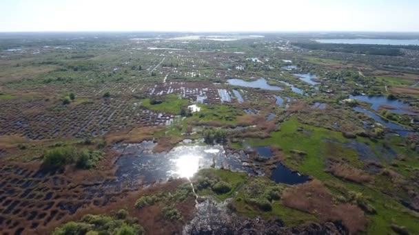 Vue aérienne de petits lacs et îlots dans le bassin de la rivière Dnipro au printemps — Video