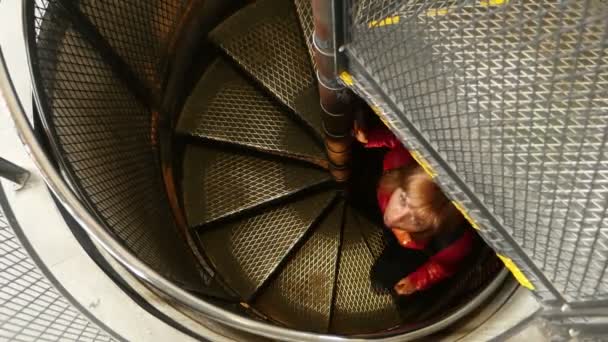 Κυρία yound κινείται μια κυκλική σκάλα ορισμένες πύργου στην Πράγα το φθινόπωρο — Αρχείο Βίντεο