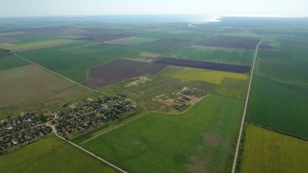 Foto aerea di un villaggio circondato da ampi campi estesi in una giornata di sole — Video Stock