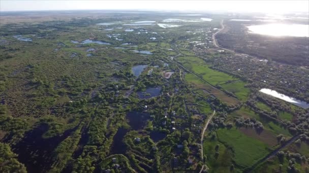 Letecký snímek malých a velkých jezer a rákosiny se spoustou cukrové třtiny, na Ukrajině — Stock video