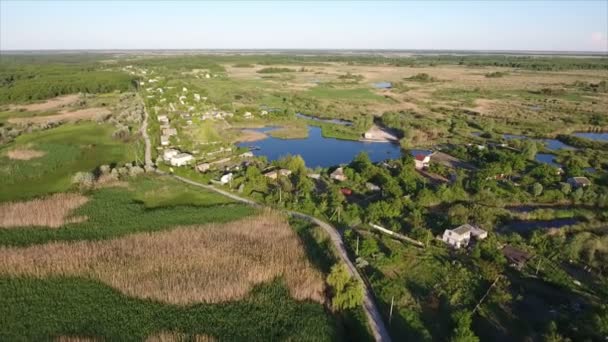 Luchtfoto van zomerhuisjes, splendidl lake en reedbeds in Oekraïne in de zomer — Stockvideo