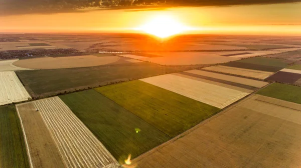 Aerial shot of a well-groomed multicolored field at sunset in Eastern Europe Stock Image