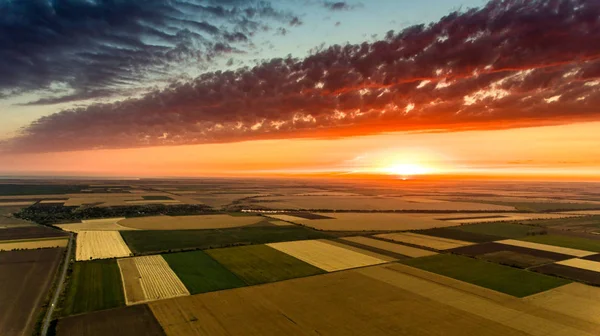Aerial shot of an agricultural field at a scary sunset in Ukraine in spring Stock Picture