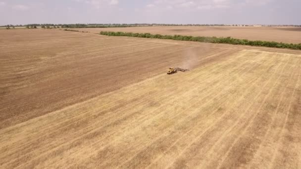 Tiro aéreo de un campo de trigo, franja forestal, y un tractor tirando de una grada — Vídeos de Stock