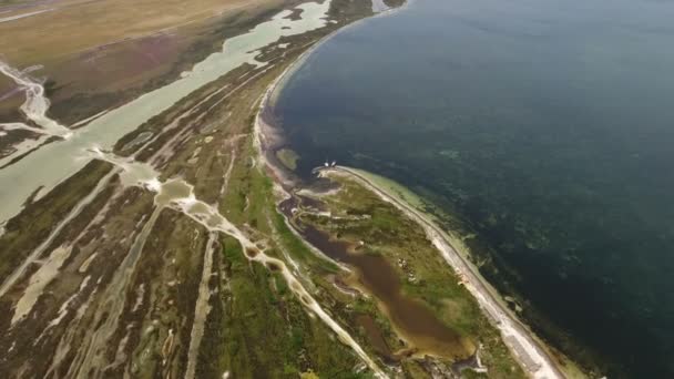 Luchtfoto van de bochtige kuststreek van Dzharylhach eiland, kanaal, meren in de zomer — Stockvideo