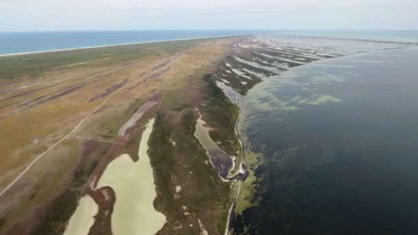 Plano aéreo de la isla de Dzharylhach y su extendida costa salvaje en verano — Vídeos de Stock