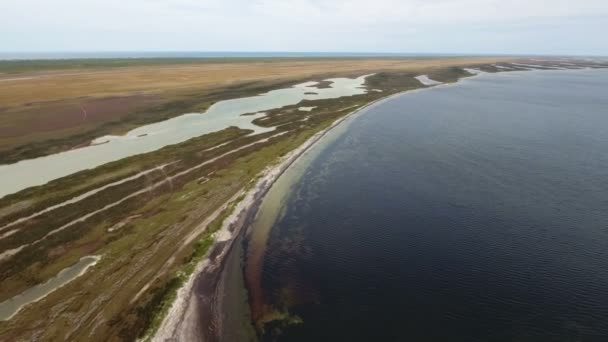 Luftaufnahme der Insel Dscharylhach und ihrer malerischen Meereslandschaften im Sommer — Stockvideo