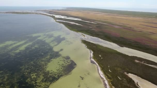 Luftaufnahme der wilden Meeresküste der Insel Dscharylhach mit langen Seen, Feuchtgebiet — Stockvideo