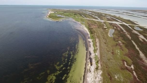 Luchtfoto van de bochtige Zeekust van Dzharylhach eiland in een zonnige dag — Stockvideo