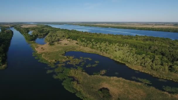 Antenn skott på Dnipro med sin kurviga inflöden, hyrde, holmar, på sommaren — Stockvideo