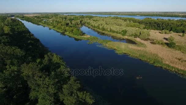 Foto aérea del Dnipro con sus entradas pintorescas, verde, islotes — Vídeos de Stock