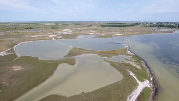 Luchtfoto van de ondiepte van de Zwarte Zee met smalle eilanden, zand spits, lisdodde — Stockvideo