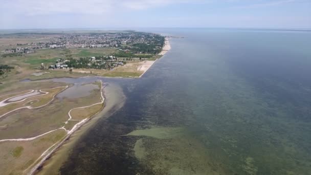 Luchtfoto van de wilde kust van de Zwarte Zee met flarden van greenary in de zomer — Stockvideo