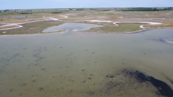 Vue aérienne du haut-fond de la mer Noire avec les mauvaises herbes, la côte sablonneuse, les piscines et les zones humides  