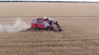 Nikolaev, Ukrayna - Haziran 29, 2017:Aerial atış büyük bir altın alan ve bir modern birleştirmek hasat hasat kırpma