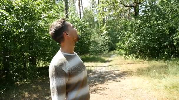 En fågelskådning ung man tittar upp på tallar i en sommar skog i slo-mo — Stockvideo