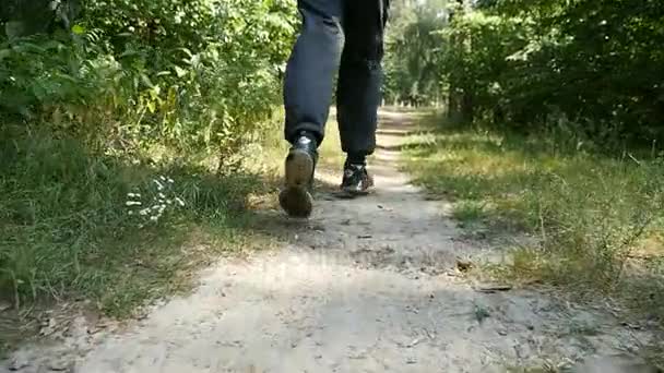 スニーカーで男性の足がスローモーションで晴れた日にいくつかの森林のパスに沿ってハイキングします。 — ストック動画