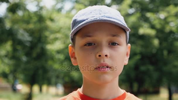 美しい芝生とスローモーションで考えている公園で 7 歳の少年が立っています。 — ストック動画