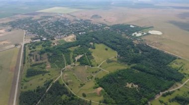 Aerial shot of a nice meadow and pine forest between plowed fields in summer