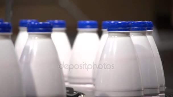 Una línea transportadora móvil con botellas de leche en una moderna planta de productos lácteos en Ucrania — Vídeo de stock