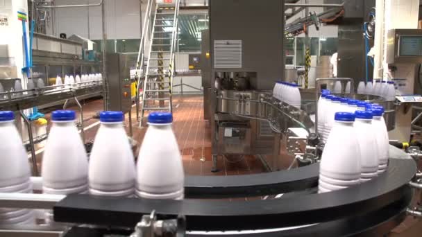 Una línea transportadora de conducción con curvas con botellas de leche en una moderna planta de productos lácteos — Vídeos de Stock